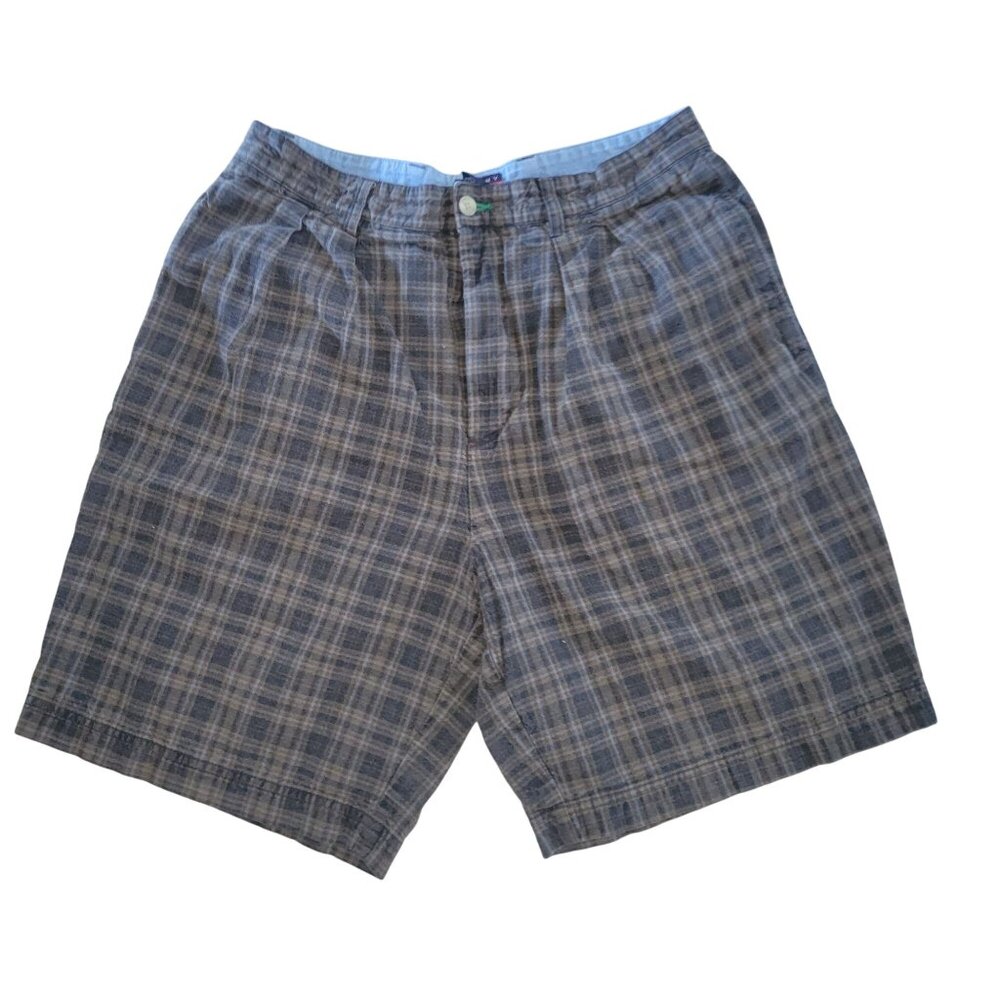 Tommy Hilfiger Mens Plaid Shorts 33 Brown Blue 60% Linen 40% Cotton Casual Summe